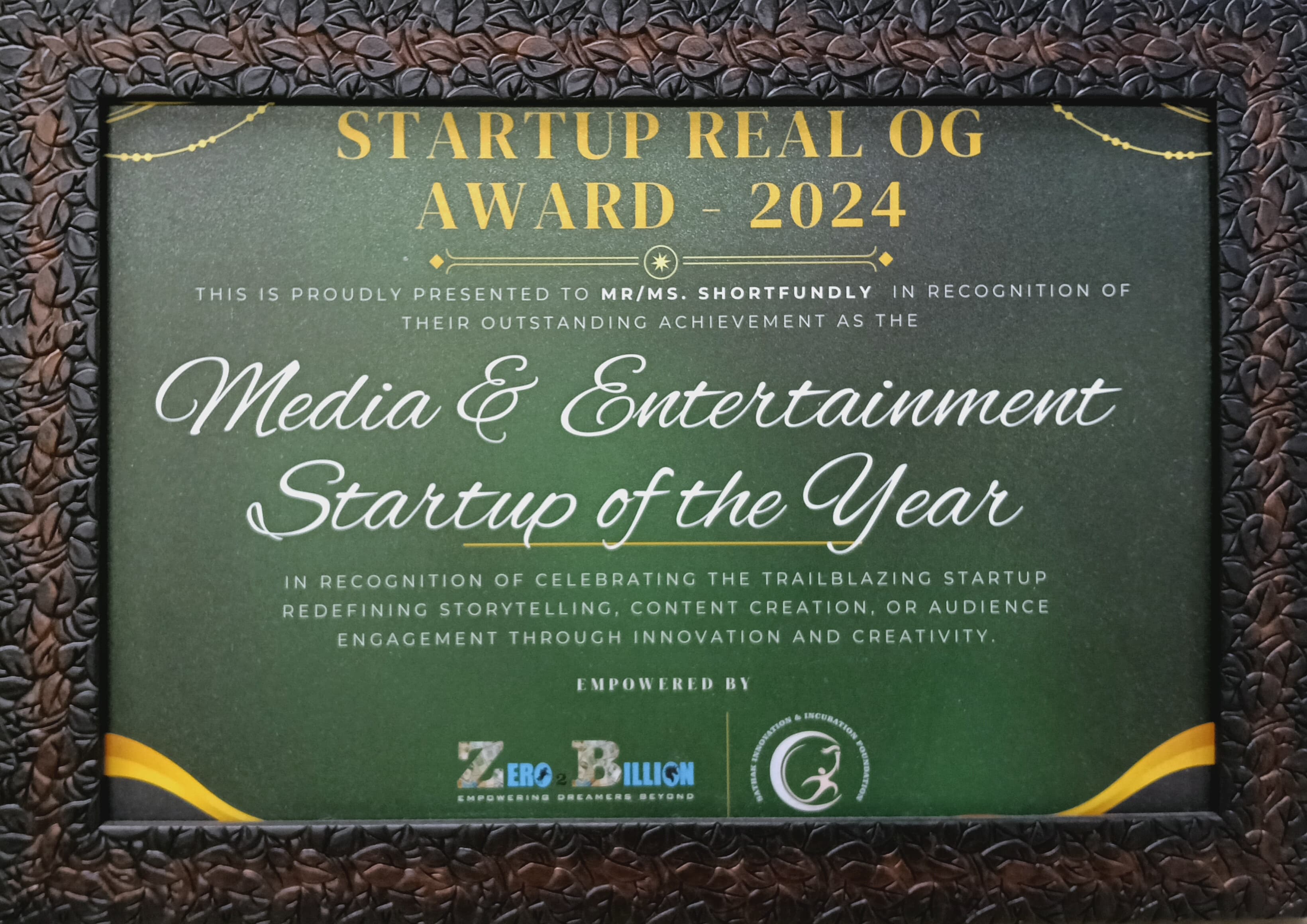 Media & Entertainment Startup of the Year award recognition visual