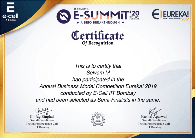 Eureka! 2019 – Semi-Finalist (E-Summit '20, IIT Bombay) award recognition visual