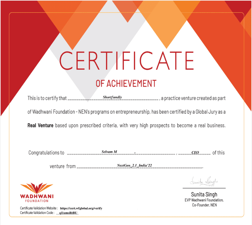 Real Venture Certification – Wadhwani Foundation (NEN) award recognition visual
